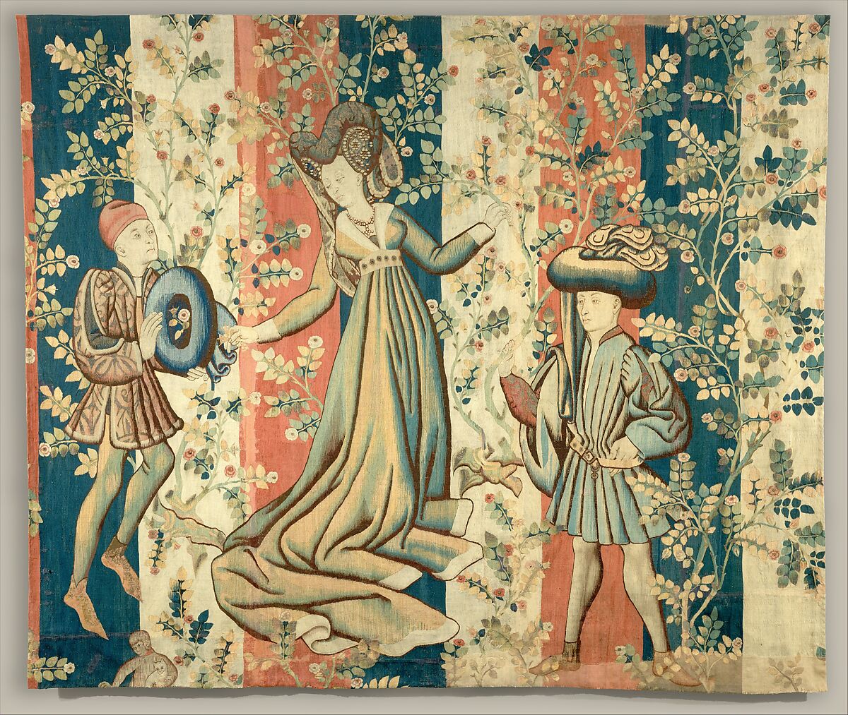 Courtiers in a Rose Garden: A Lady and Two Gentlemen, Wool warp; wool, silk, metallic weft yarns, South Netherlandish 