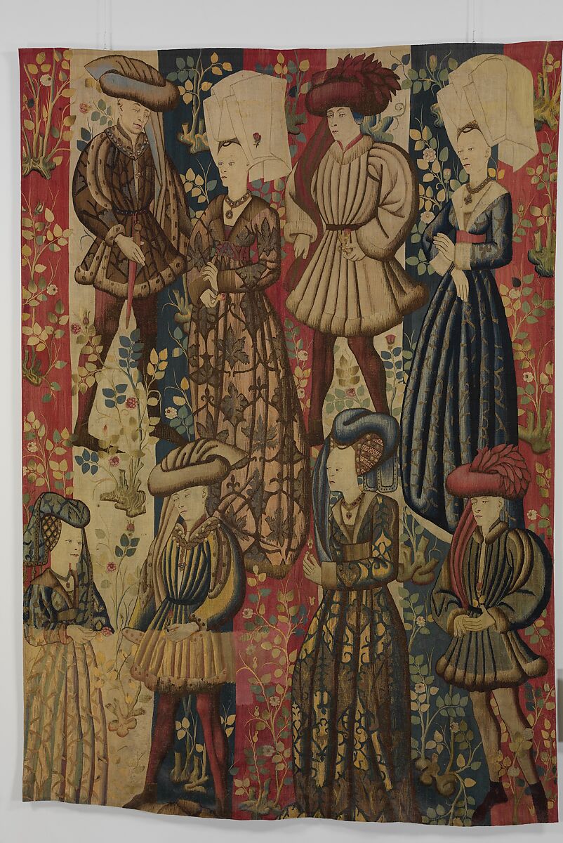 Courtiers in a Rose Garden: Four Gentlemen and Four Ladies, Wool warp, wool, silk, and metallic weft yarns, South Netherlandish 