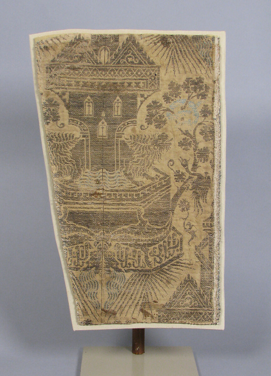 Textile with Architectural Fountain Guarded by Lions, Silk, metal thread, Italian