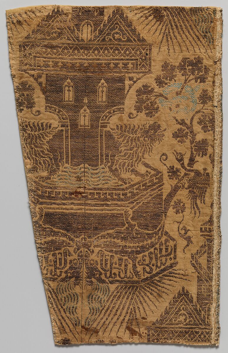 Textile with Architectural Fountain Guarded by Lions, Silk, metal thread, Italian 