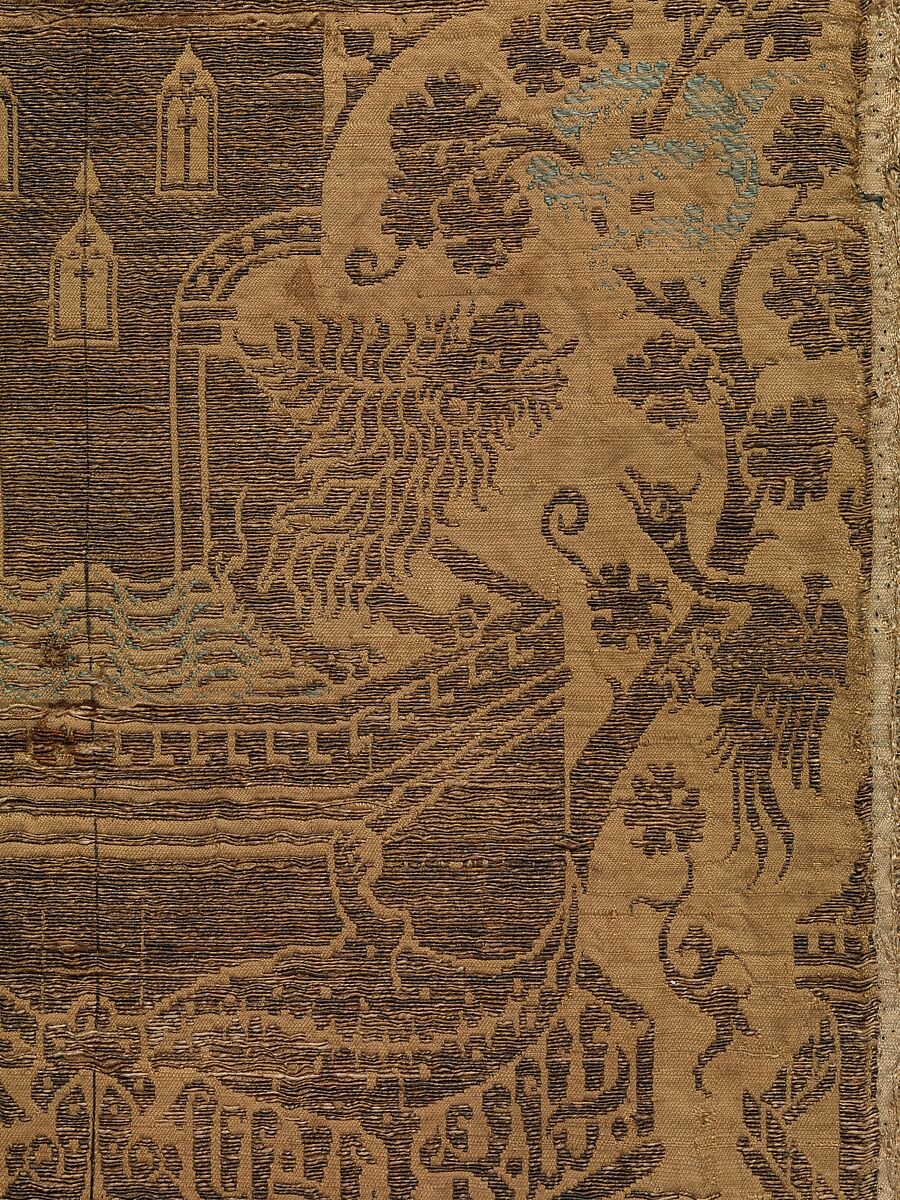 Textile with Architectural Fountain Guarded by Lions, Silk, metal thread, Italian
