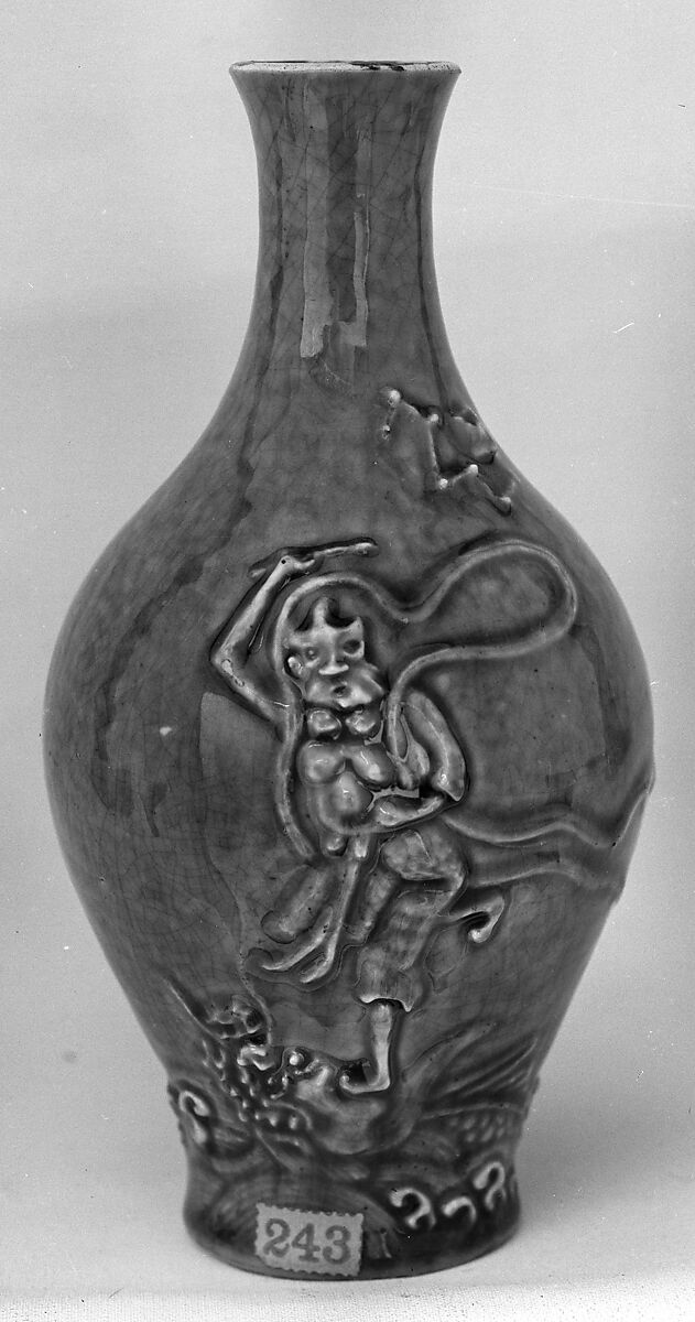 Vase with the Pole Star deity (Kuixing), Porcelain with relief decoration under crackled yellow glaze (Jingdezhen ware), China 