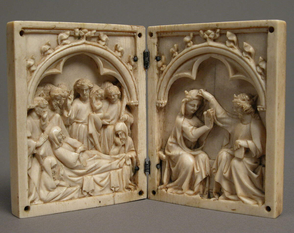 Diptych with the Death and Coronation of the Virgin, Elephant ivory with metal mounts, French 
