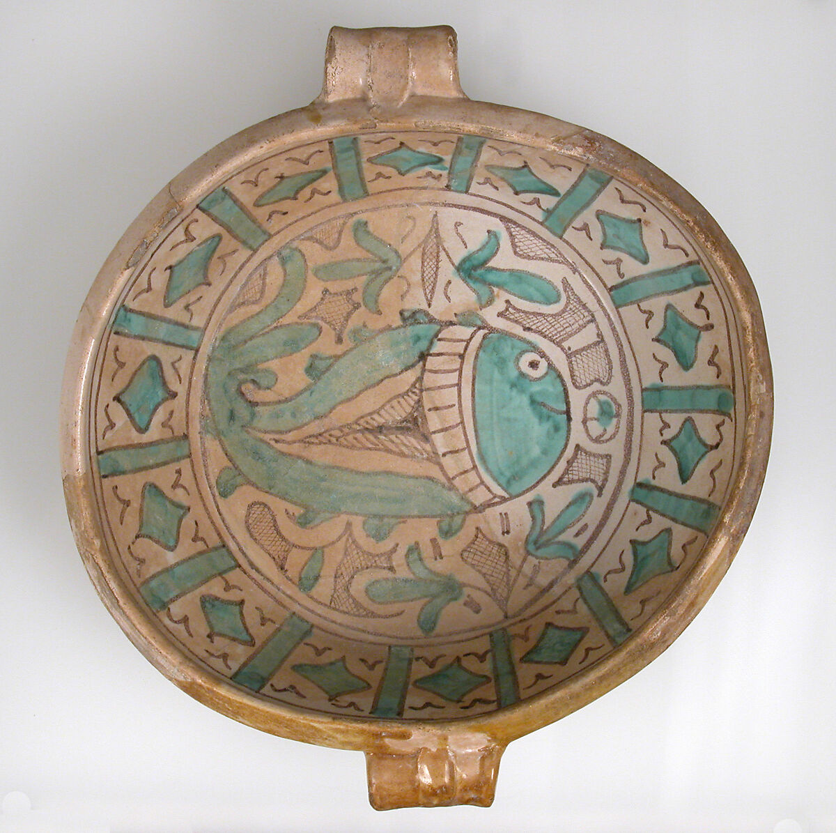 Two-Handled Bowl with Fish, Tin-glazed earthenware, Italian