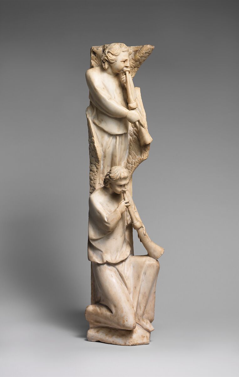 Pilaster of Angels Sounding Trumpets from the Parapet of a Pulpit, Workshop of Giovanni Pisano (Italian, Pisa ca. 1240–before 1320 Siena), Marble (Lunense from Carrara), traces of paint, Central Italian 