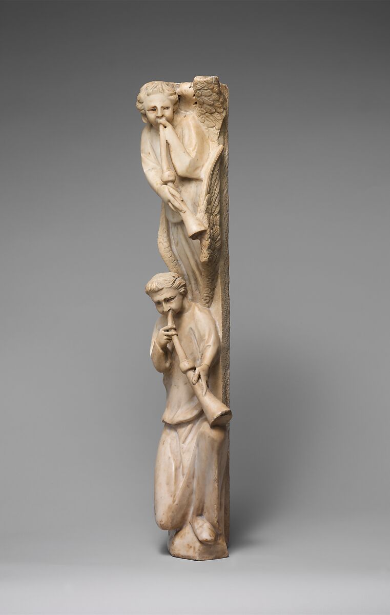 Pilaster of Angels Sounding Trumpets from the Parapet of a Pulpit, Workshop of Giovanni Pisano (Italian, Pisa ca. 1240–before 1320 Siena), Marble (Lunense from Carrara), traces of paint, Central Italian