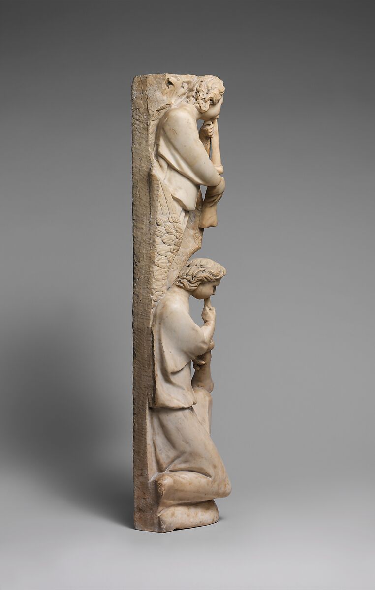 Pilaster of Angels Sounding Trumpets from the Parapet of a Pulpit, Workshop of Giovanni Pisano (Italian, Pisa ca. 1240–before 1320 Siena), Marble (Lunense from Carrara), traces of paint, Central Italian