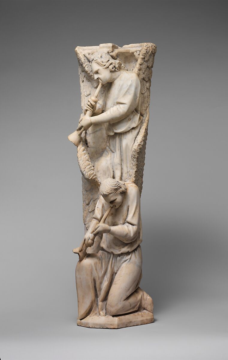 Pilaster of Angels Sounding Trumpets from the Parapet of a Pulpit, Workshop of Giovanni Pisano (Italian, Pisa ca. 1240–before 1320 Siena), Marble (Lunense from Carrara), traces of paint, Central Italian 