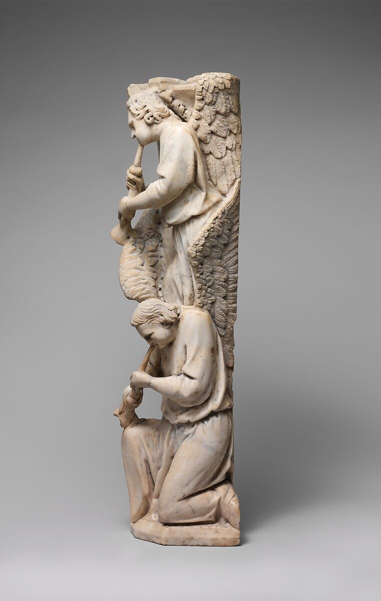 Pilaster of Angels Sounding Trumpets from the Parapet of a Pulpit, Workshop of Giovanni Pisano (Italian, Pisa ca. 1240–before 1320 Siena), Marble (Lunense from Carrara), traces of paint, Central Italian
