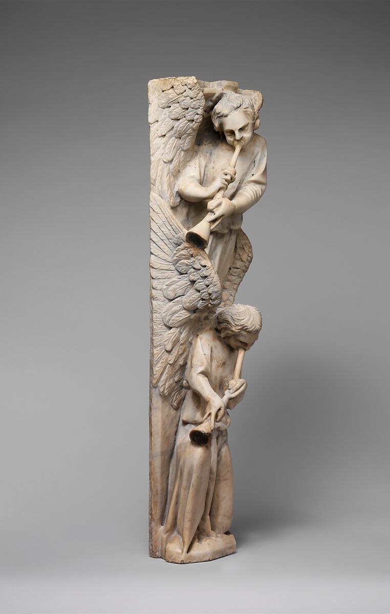 Pilaster of Angels Sounding Trumpets from the Parapet of a Pulpit, Workshop of Giovanni Pisano (Italian, Pisa ca. 1240–before 1320 Siena), Marble (Lunense from Carrara), traces of paint, Central Italian