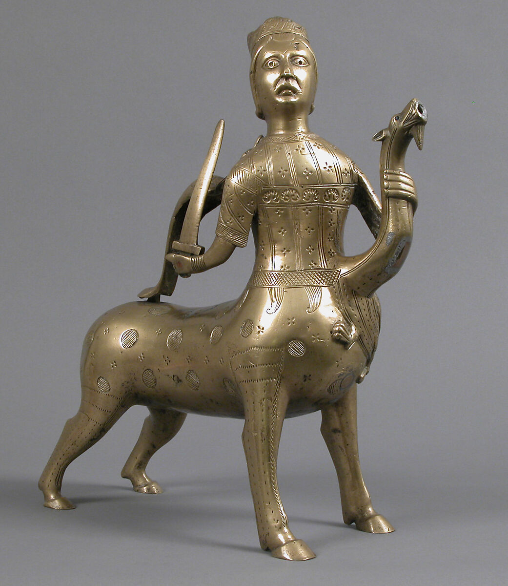 Aquamanile in the Form of a Crowned Centaur Fighting a Dragon, Copper alloy, German