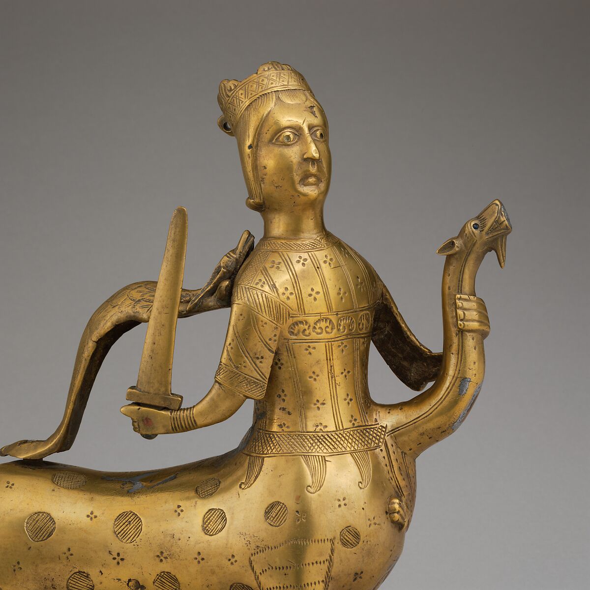 Aquamanile in the Form of a Crowned Centaur Fighting a Dragon, Copper alloy, German