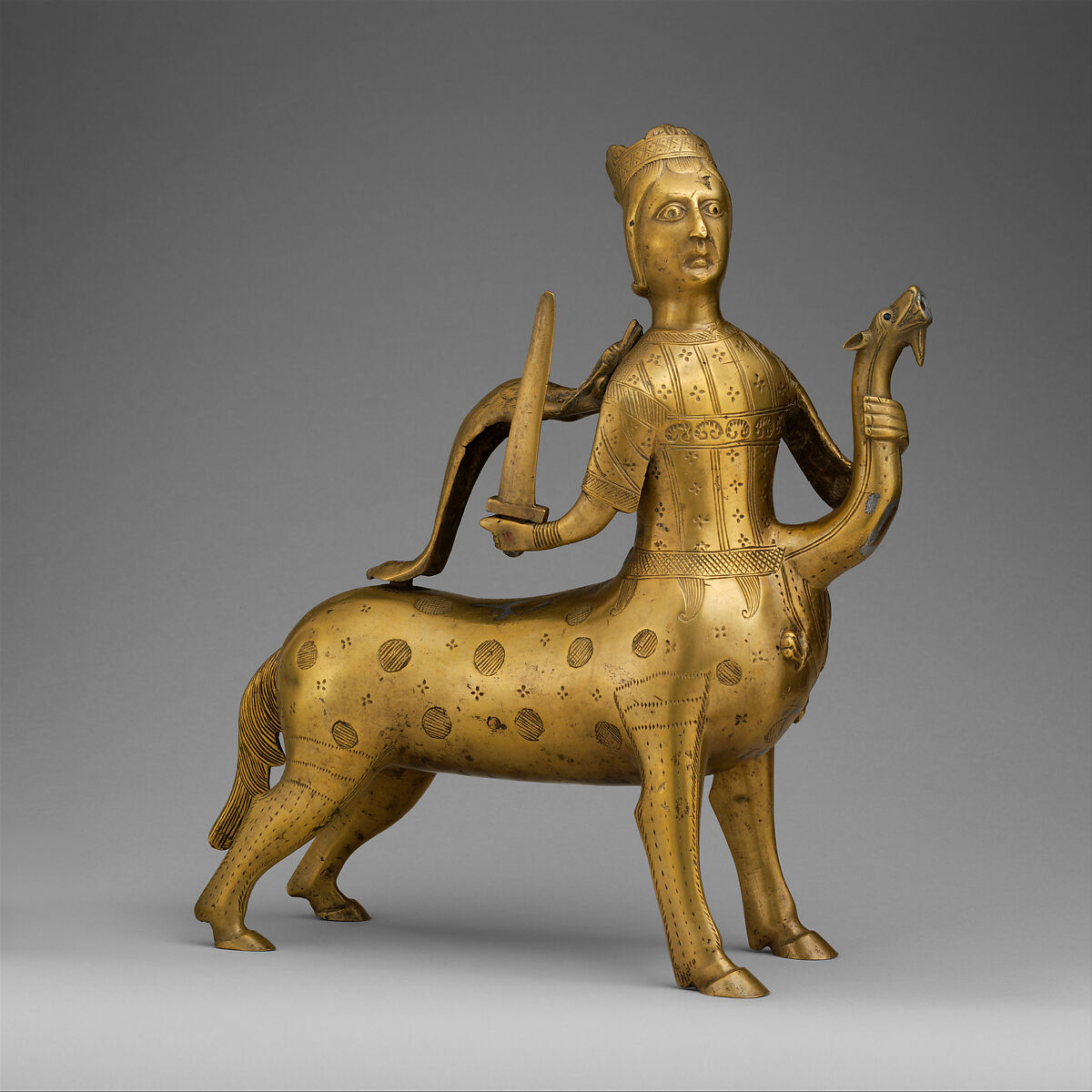 Aquamanile in the Form of a Crowned Centaur Fighting a Dragon, Copper alloy, German 