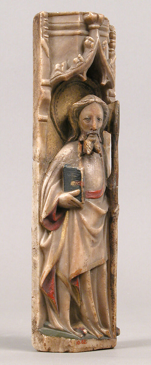 Relief of Saint Thomas under an ogee arch, Alabaster with paint and gilding, British 