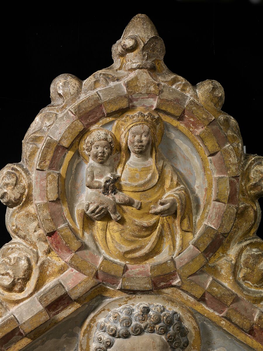 Relief Altarpiece with Saints Peter, Paul, and John the Baptist, Attributed to Gerardo di Mainardo (d.1422), Limestone (Istrian limestone), painted and gilded, Italian