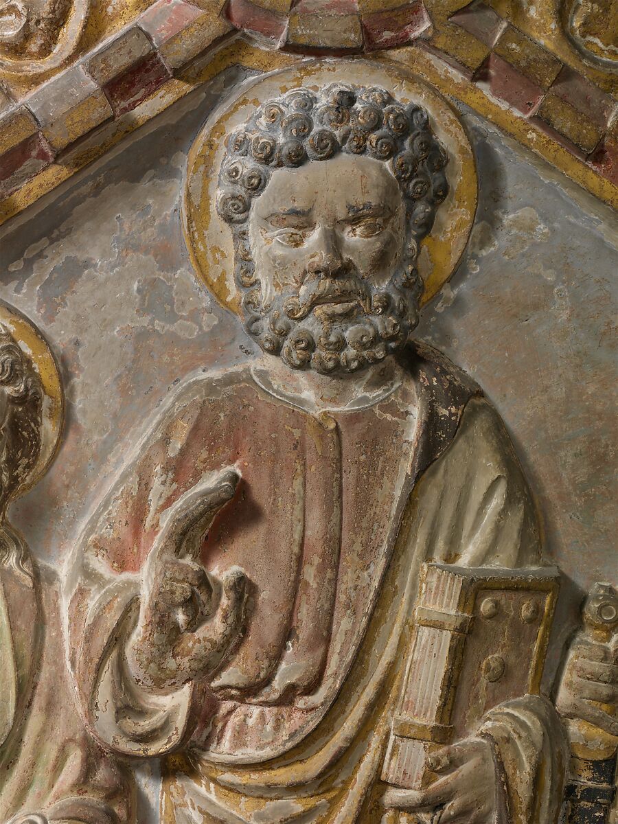 Relief Altarpiece with Saints Peter, Paul, and John the Baptist, Attributed to Gerardo di Mainardo (d.1422), Limestone (Istrian limestone), painted and gilded, Italian