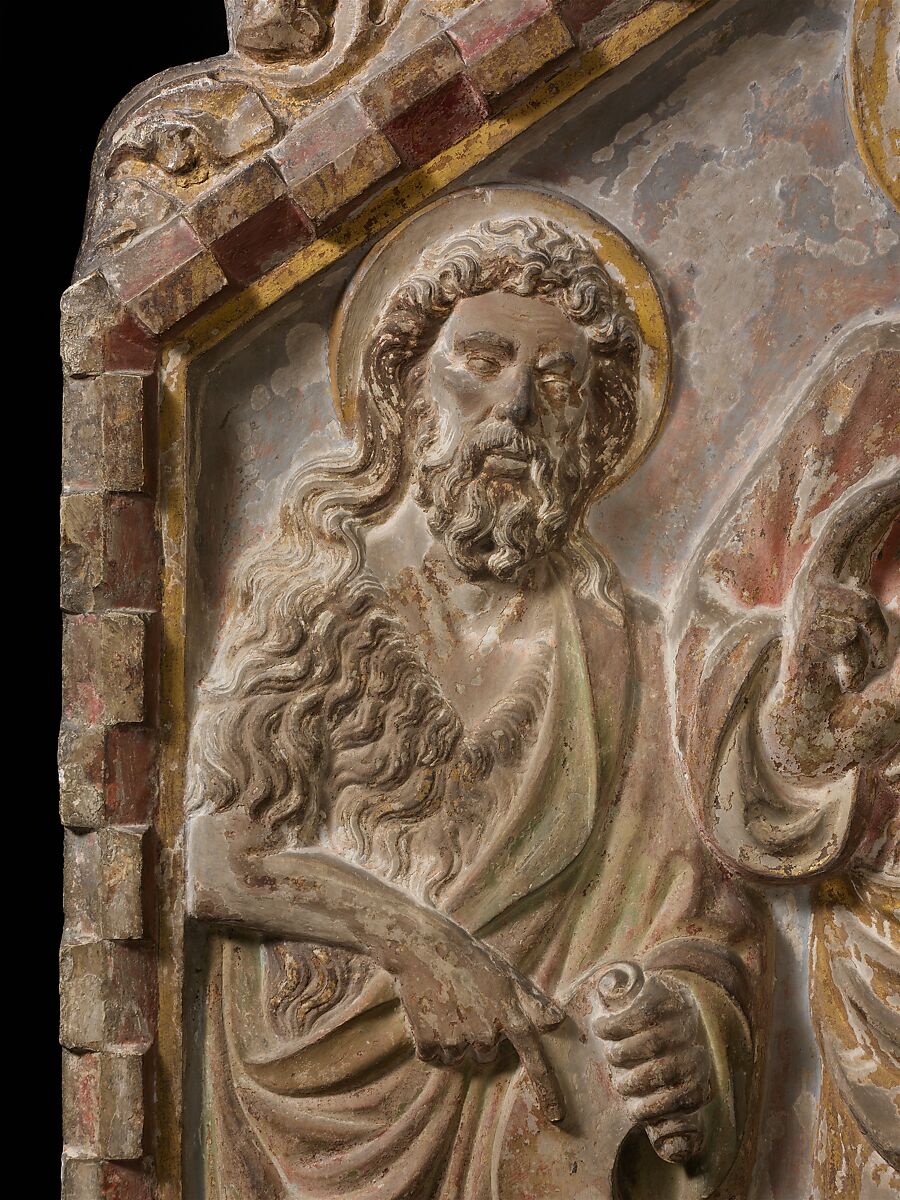 Relief Altarpiece with Saints Peter, Paul, and John the Baptist, Attributed to Gerardo di Mainardo (d.1422), Limestone (Istrian limestone), painted and gilded, Italian