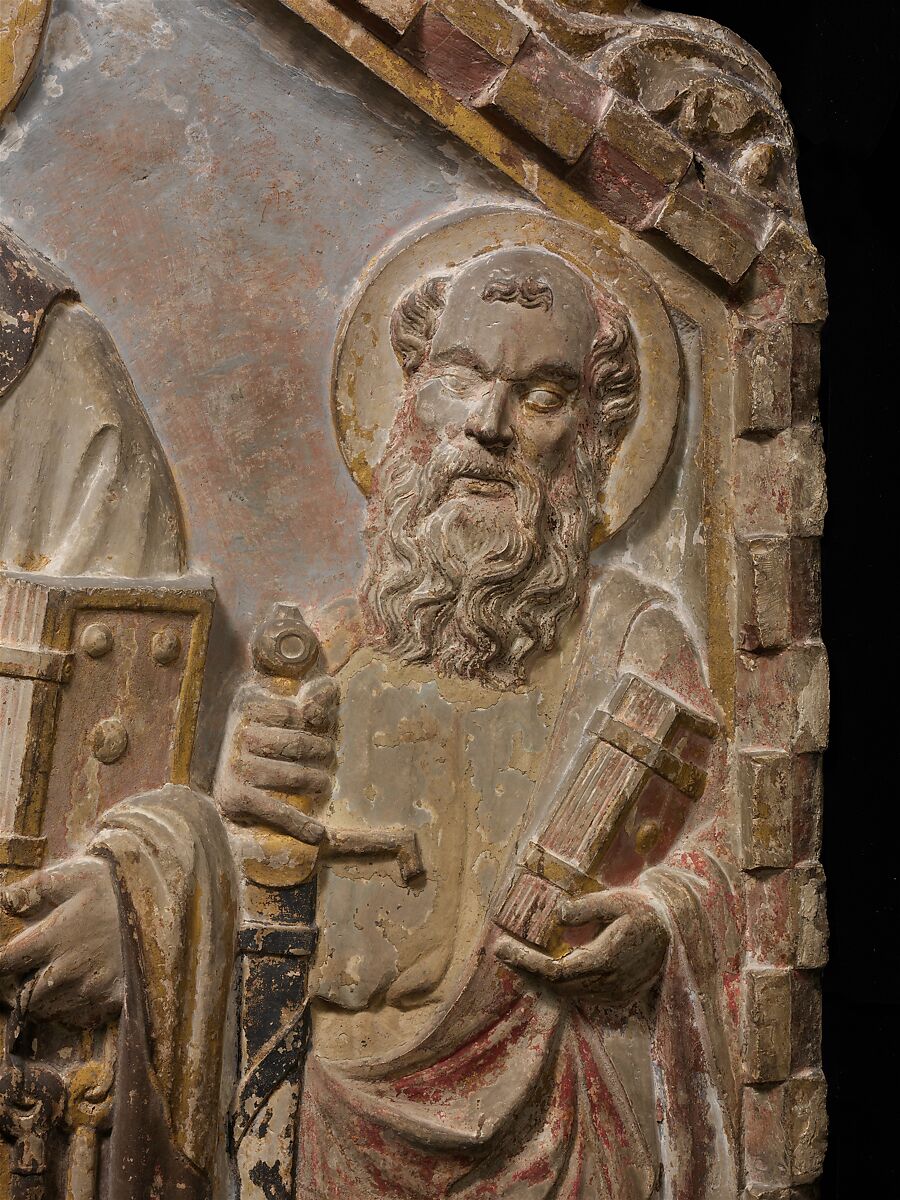 Relief Altarpiece with Saints Peter, Paul, and John the Baptist, Attributed to Gerardo di Mainardo (d.1422), Limestone (Istrian limestone), painted and gilded, Italian
