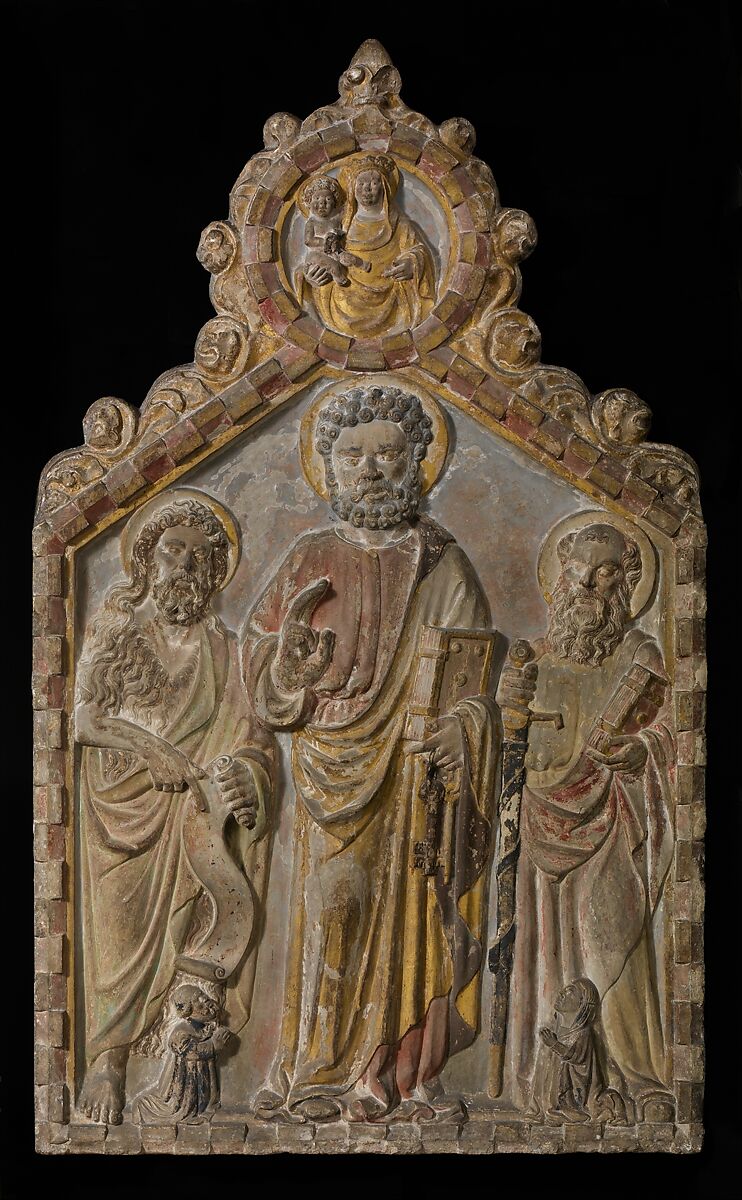 Relief Altarpiece with Saints Peter, Paul, and John the Baptist, Attributed to Gerardo di Mainardo (d.1422), Limestone (Istrian limestone), painted and gilded, Italian 