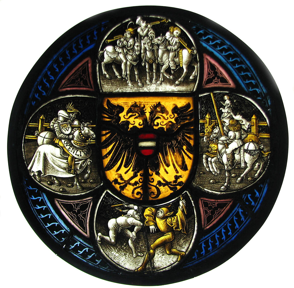 Quatrefoil Roundel with Arms and Secular Scenes, Pot-metal glass, white glass, vitreous paint, and silver stain, German