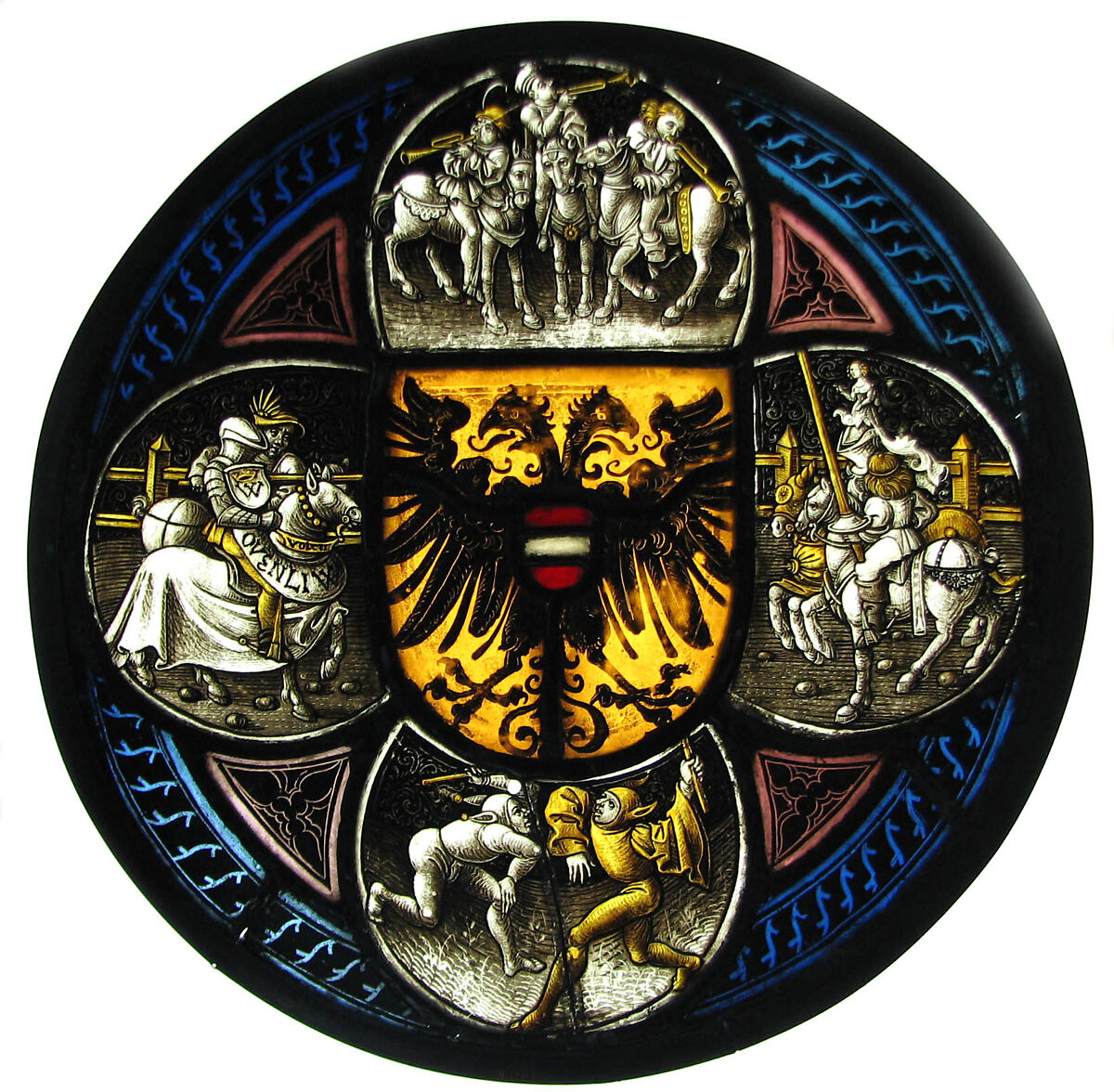 Quatrefoil Roundel with Arms and Secular Scenes, Pot-metal glass, white glass, vitreous paint, and silver stain, German 