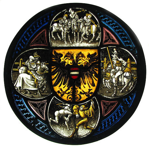 Quatrefoil Roundel with Arms and Secular Scenes