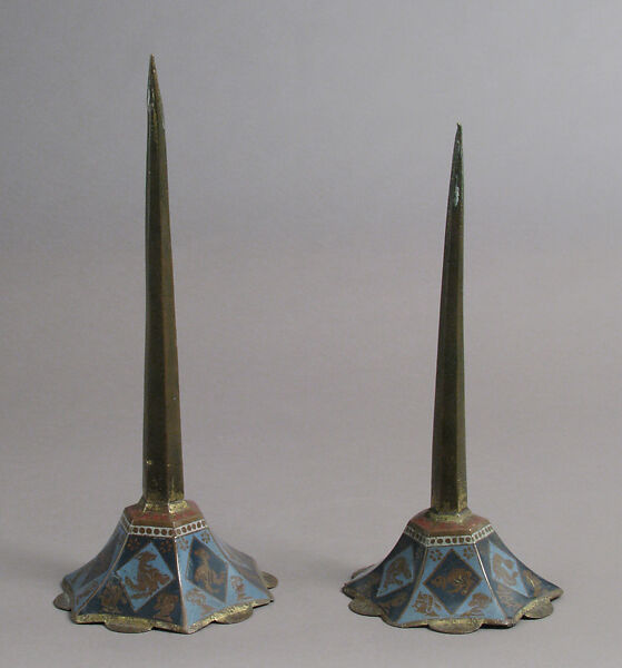 Pricket Candlesticks, Champlevé enamel, copper, French 