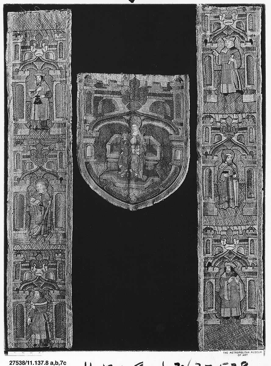 Orphreys and Cope Hood, Silk, gold thread, silver thread, British