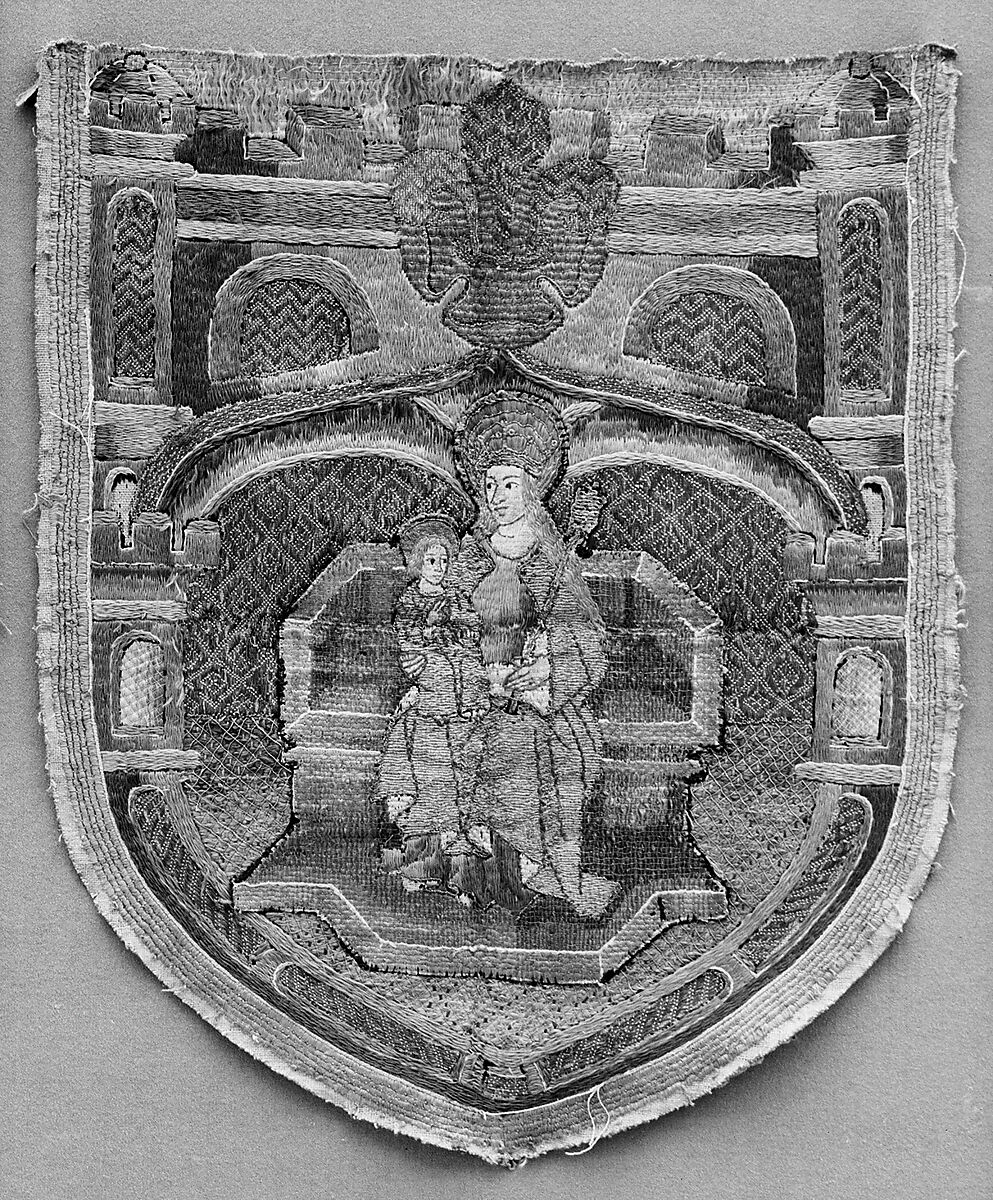 Orphreys and Cope Hood, Silk, gold thread, silver thread, British