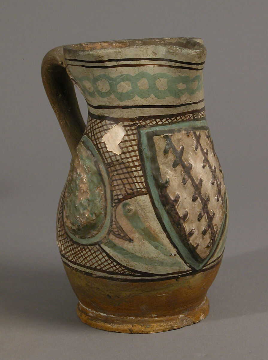 Pitcher, Earthenware, tin-glaze (Majolica), Italian 