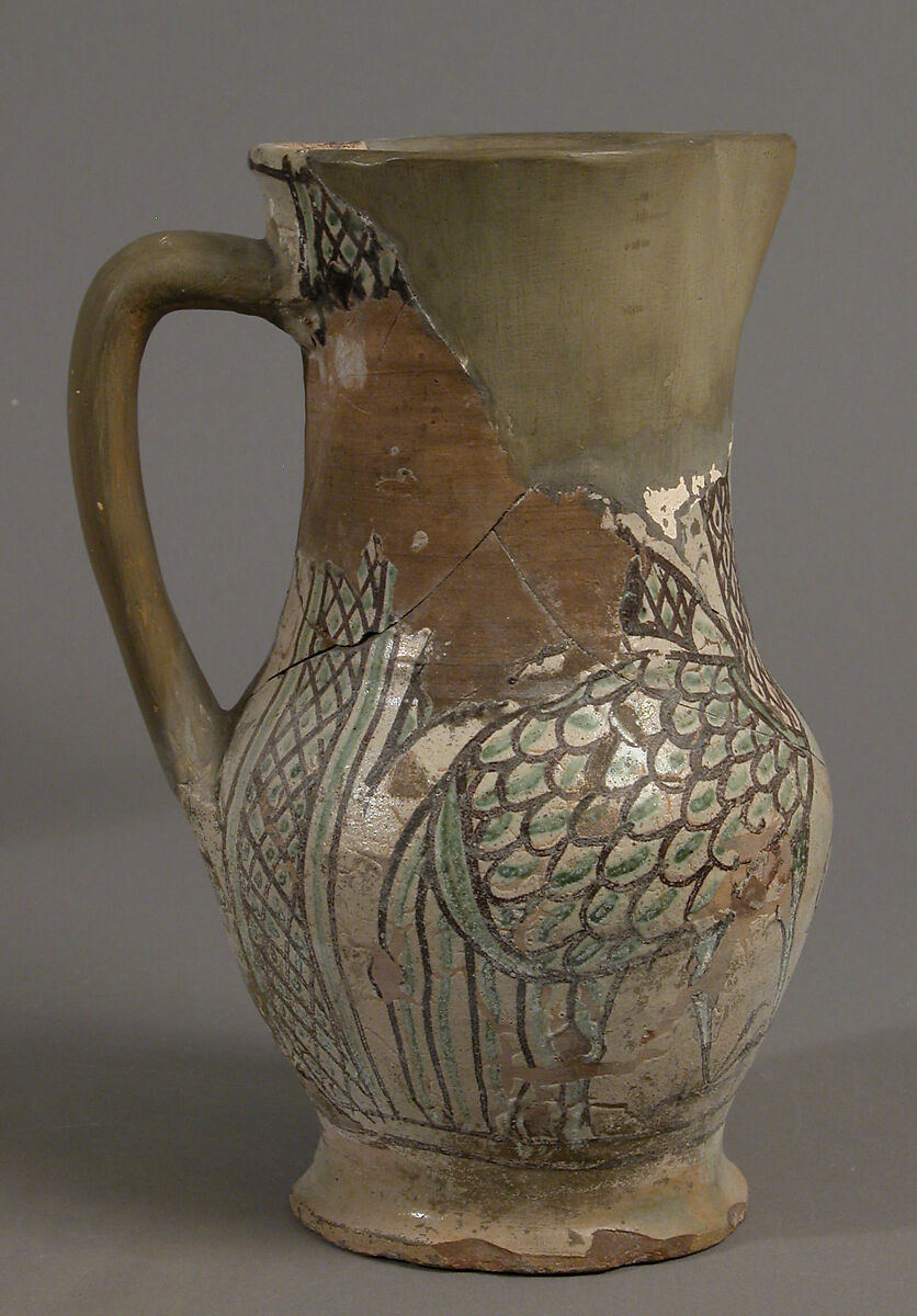 Pitcher, Earthenware, tin-glaze (Majolica), Italian 