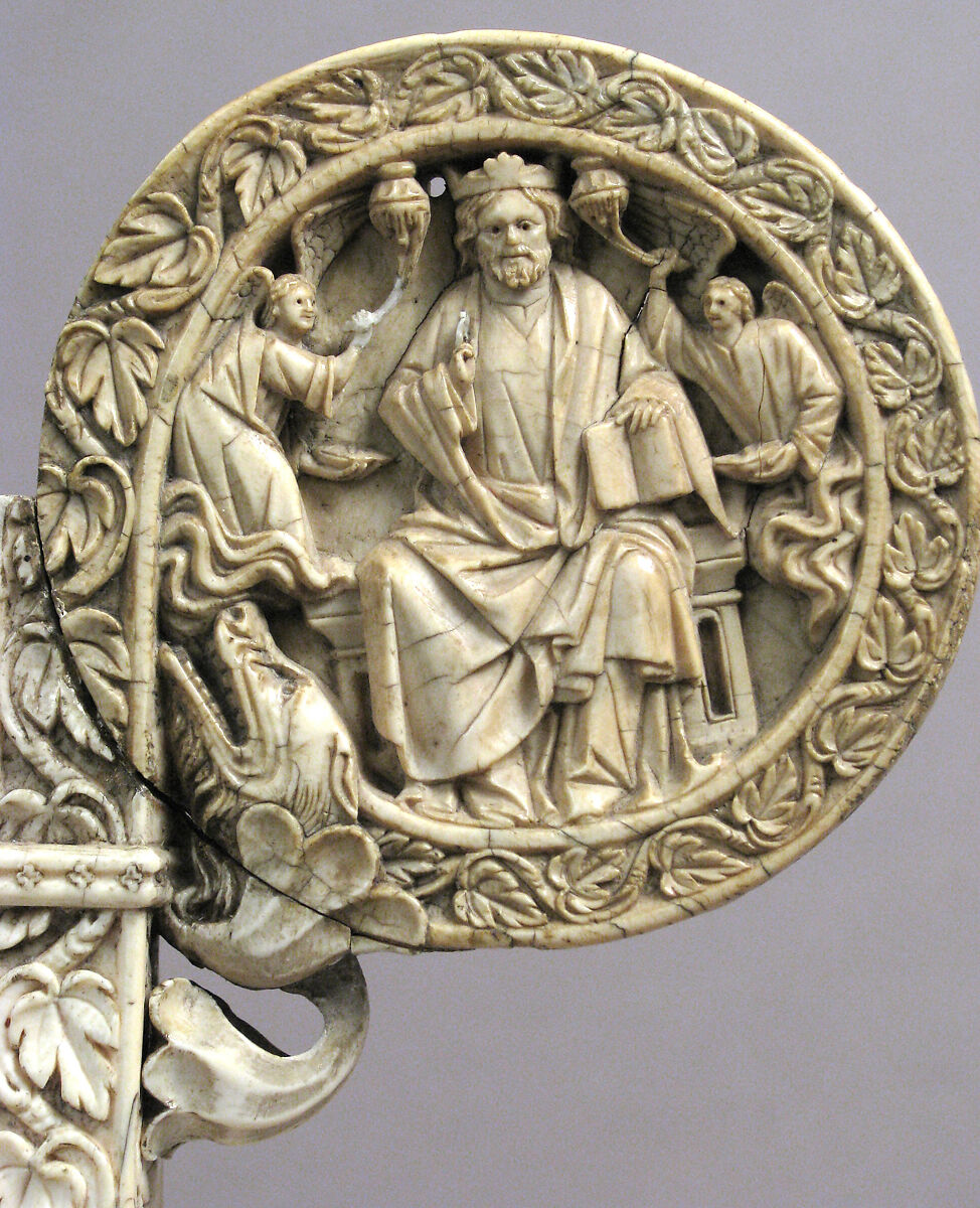 Ivory Crozier Head with Christ in Majesty and Throne of Wisdom, Elephant ivory, Italian or German