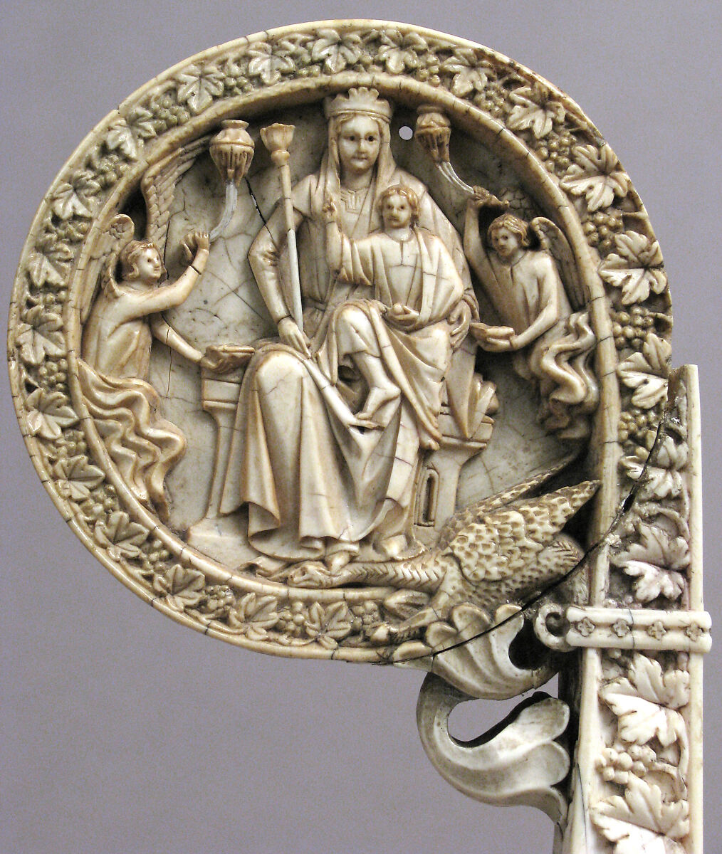 Ivory Crozier Head with Christ in Majesty and Throne of Wisdom, Elephant ivory, Italian or German