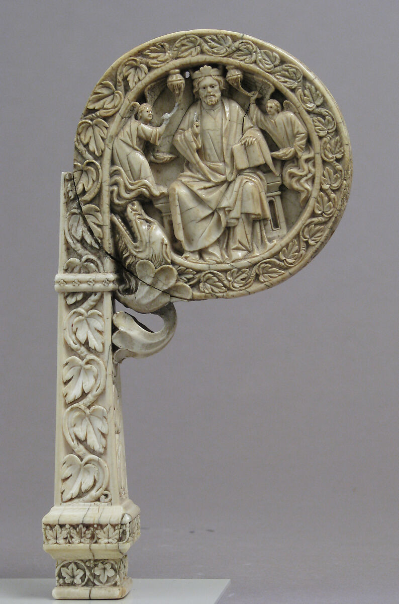 Ivory Crozier Head with Christ in Majesty and Throne of Wisdom, Elephant ivory, Italian or German 