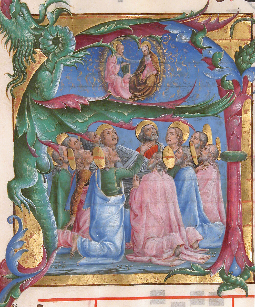 Manuscript Illumination with the Assumption of the Virgin in an Initial A, from an Antiphonary, Attributed to Cosmè Tura (Cosimo di Domenico di Bonaventura) (Italian, Ferrara ca. 1433–1495 Ferrara), Tempera, ink, and gold on parchment, Italian