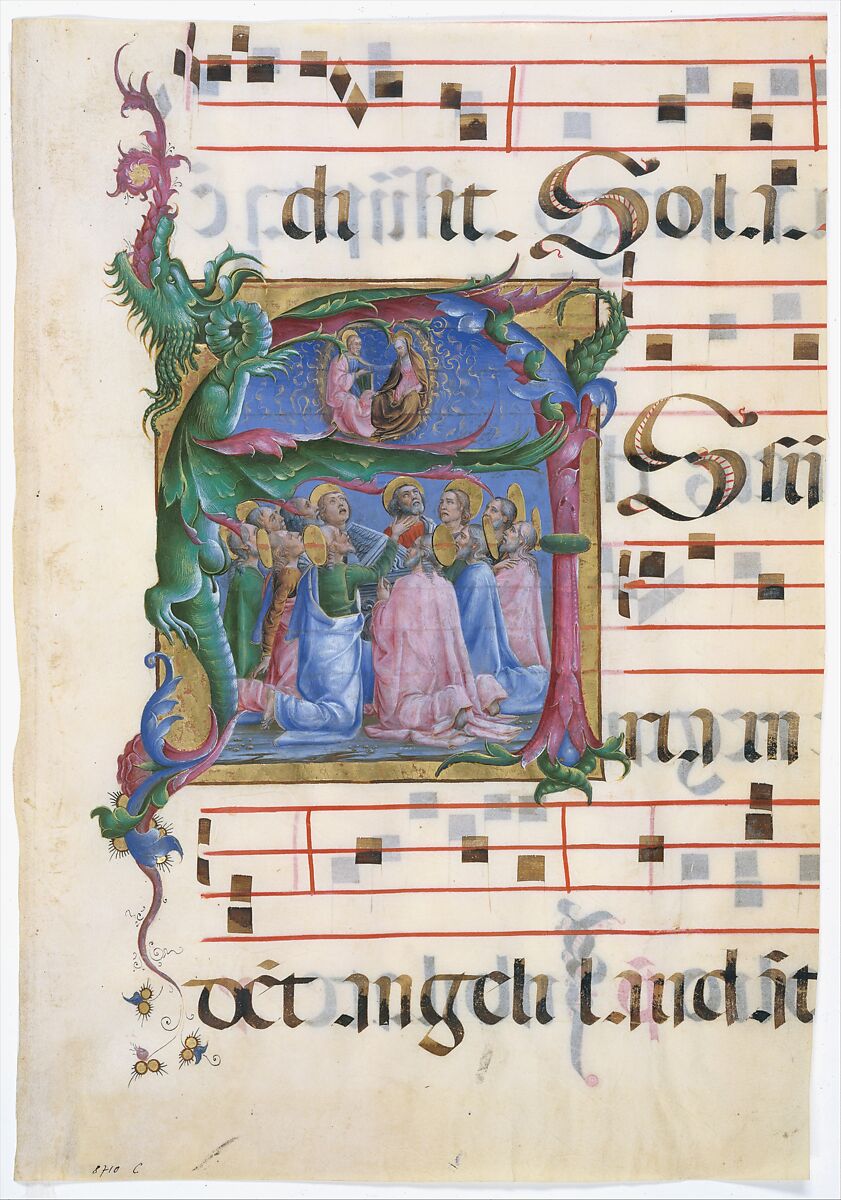 Manuscript Illumination with the Assumption of the Virgin in an Initial A, from an Antiphonary, Attributed to Cosmè Tura (Cosimo di Domenico di Bonaventura) (Italian, Ferrara ca. 1433–1495 Ferrara), Tempera, ink, and gold on parchment, Italian 