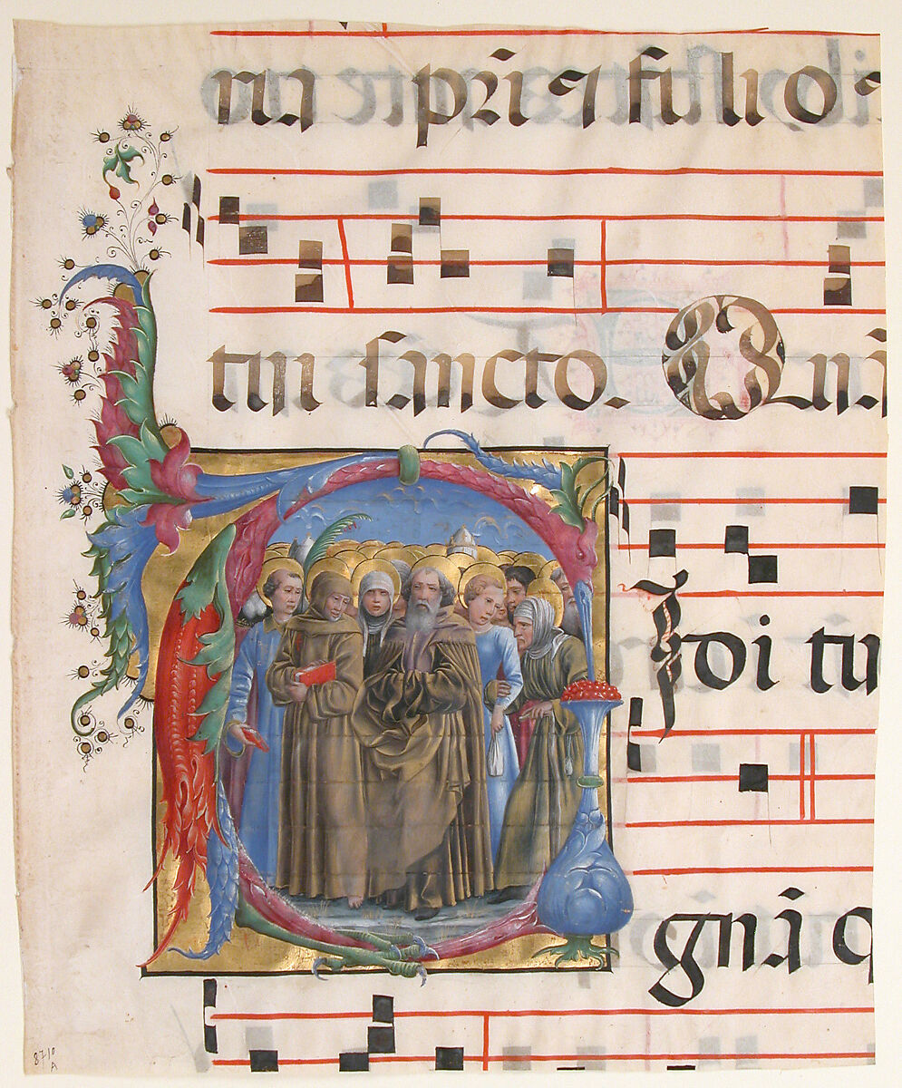 Manuscript Illumination with All Saints in an Initial V, from an Antiphonary, Attributed to Cosmè Tura (Cosimo di Domenico di Bonaventura) (Italian, Ferrara ca. 1433–1495 Ferrara), Tempera, ink, and gold on parchment, Italian