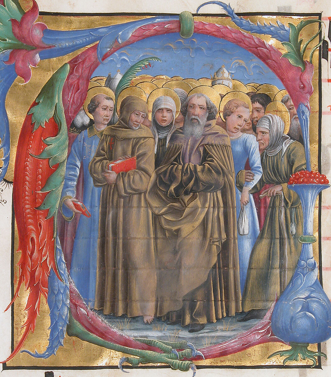 Manuscript Illumination with All Saints in an Initial V, from an Antiphonary, Attributed to Cosmè Tura (Cosimo di Domenico di Bonaventura) (Italian, Ferrara ca. 1433–1495 Ferrara), Tempera, ink, and gold on parchment, Italian