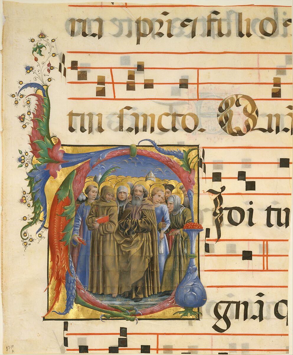 Manuscript Illumination with All Saints in an Initial V, from an Antiphonary, Attributed to Cosmè Tura (Cosimo di Domenico di Bonaventura) (Italian, Ferrara ca. 1433–1495 Ferrara), Tempera, ink, and gold on parchment, Italian 