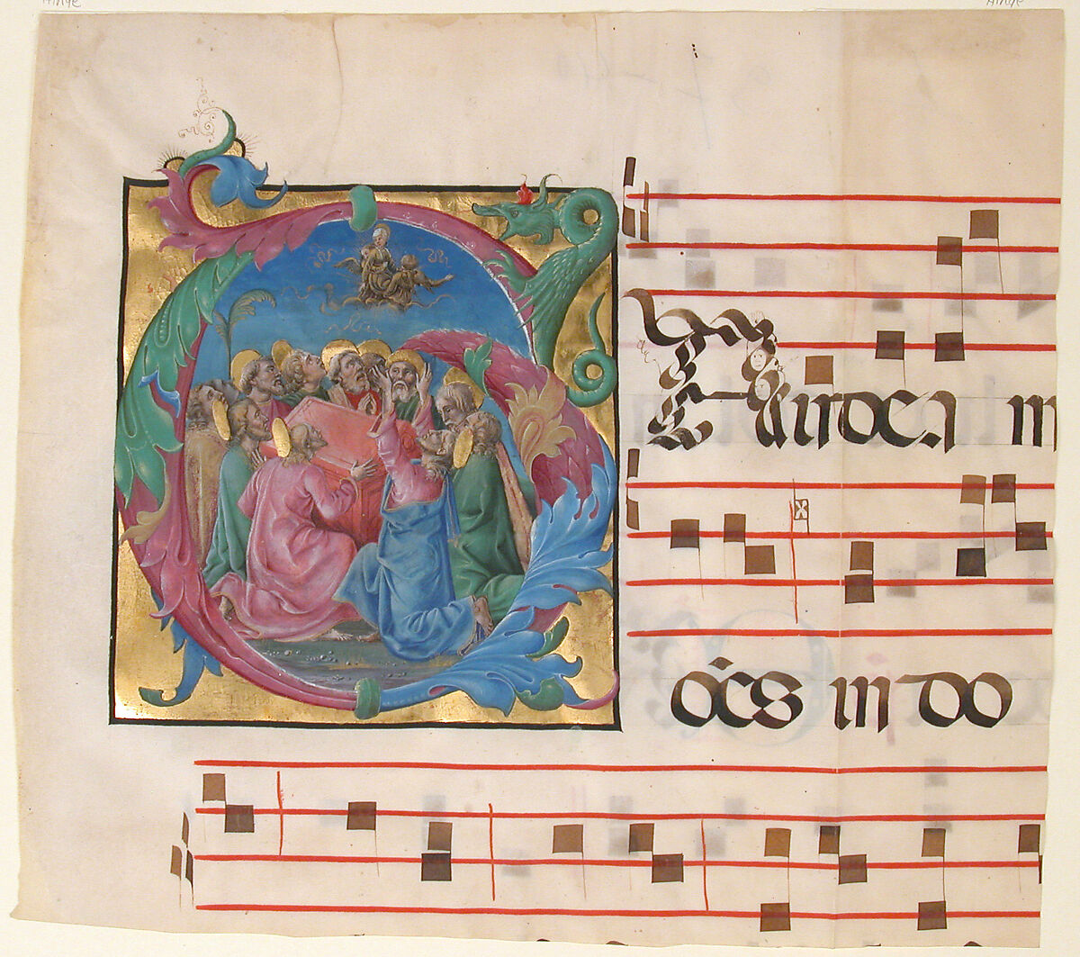 Manuscript Illumination with the Assumption of the Virgin in an Initial G, from a Gradual, Attributed to Cosmè Tura (Cosimo di Domenico di Bonaventura) (Italian, Ferrara ca. 1433–1495 Ferrara), Tempera, ink, and gold on parchment, Italian