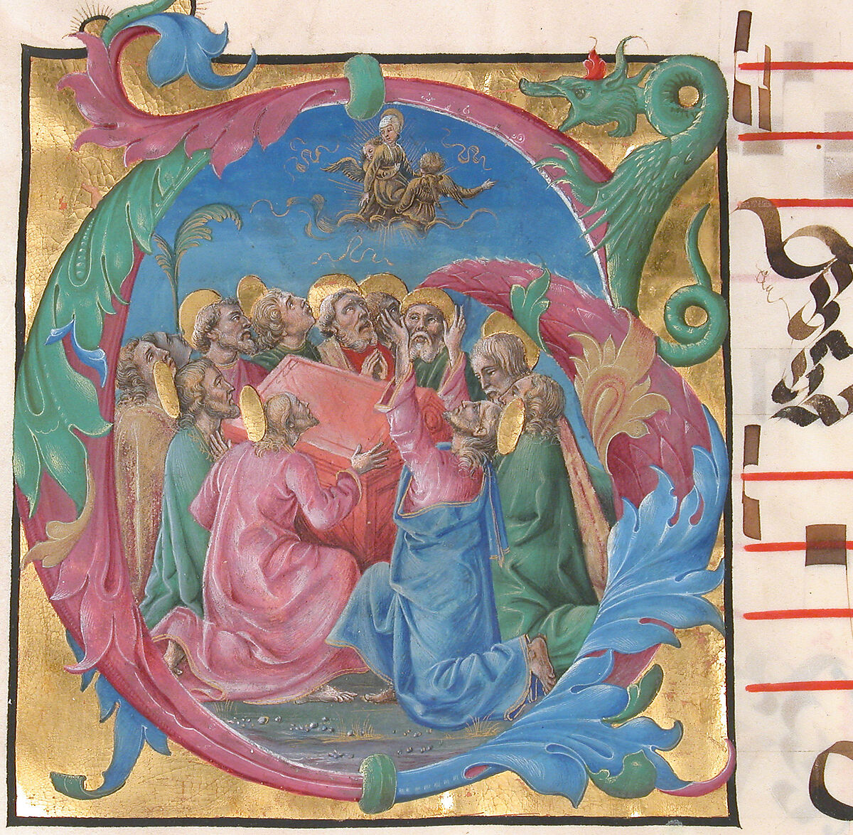 Manuscript Illumination with the Assumption of the Virgin in an Initial G, from a Gradual, Attributed to Cosmè Tura (Cosimo di Domenico di Bonaventura) (Italian, Ferrara ca. 1433–1495 Ferrara), Tempera, ink, and gold on parchment, Italian