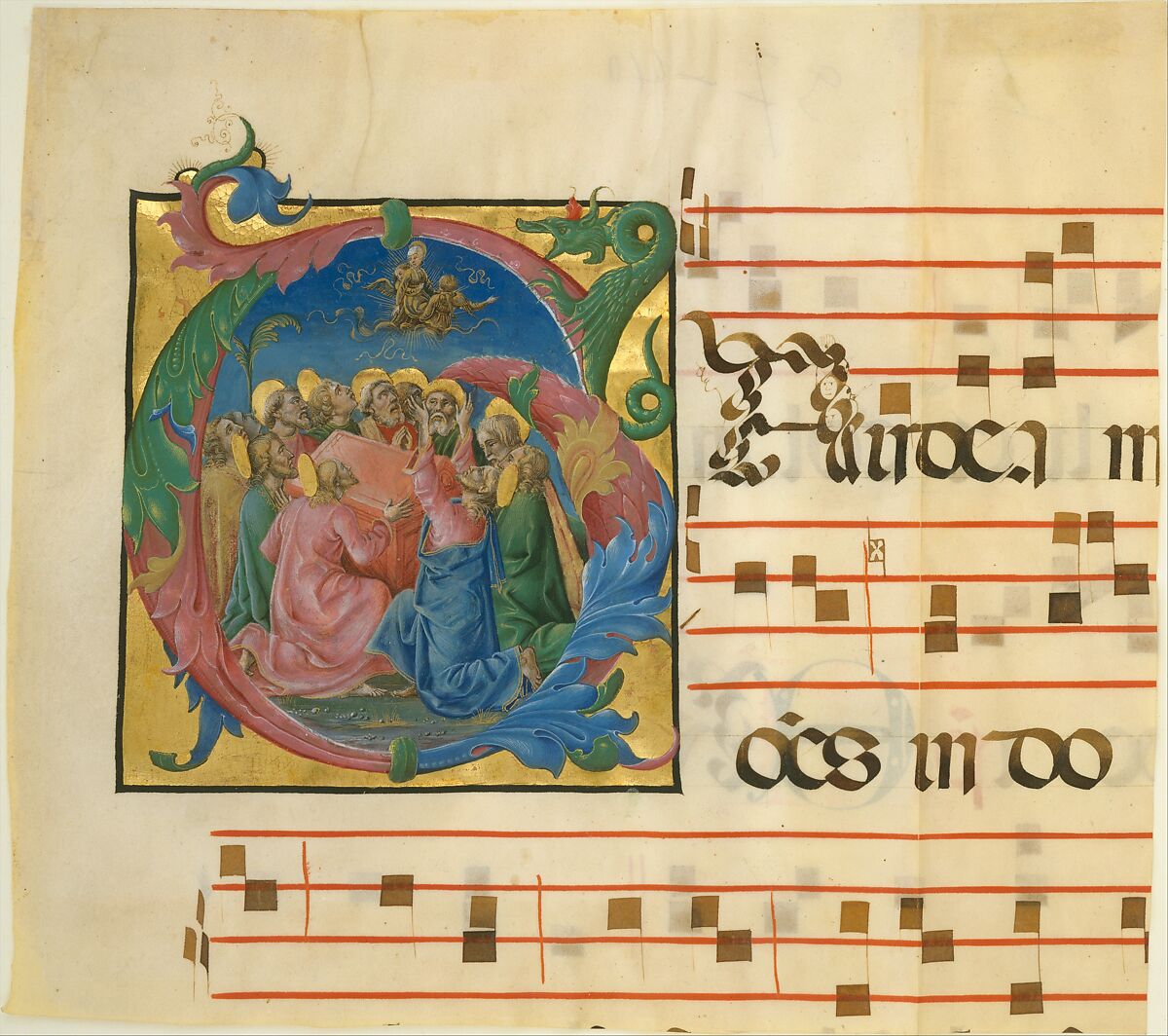 Manuscript Illumination with the Assumption of the Virgin in an Initial G, from a Gradual, Cosmè Tura (Cosimo di Domenico di Bonaventura)  Italian, Tempera, ink, and gold on parchment, Italian