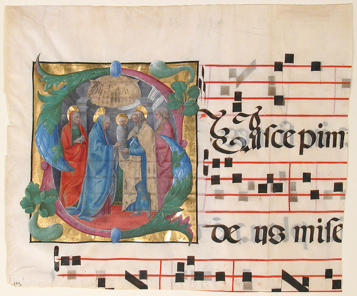 Manuscript Illumination with the Presentation in the Temple in an Initial S, from a Gradual, Attributed to Cosmè Tura (Cosimo di Domenico di Bonaventura) (Italian, Ferrara ca. 1433–1495 Ferrara), Tempera, ink, and gold on parchment, Italian