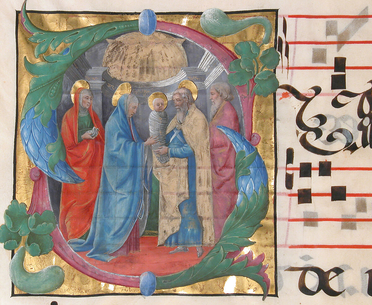 Manuscript Illumination with the Presentation in the Temple in an Initial S, from a Gradual, Attributed to Cosmè Tura (Cosimo di Domenico di Bonaventura) (Italian, Ferrara ca. 1433–1495 Ferrara), Tempera, ink, and gold on parchment, Italian