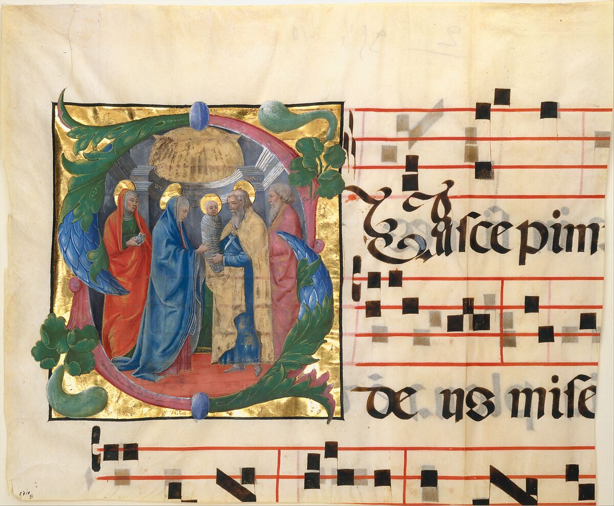 Manuscript Illumination with the Presentation in the Temple in an Initial S, from a Gradual, Attributed to Cosmè Tura (Cosimo di Domenico di Bonaventura) (Italian, Ferrara ca. 1433–1495 Ferrara), Tempera, ink, and gold on parchment, Italian 