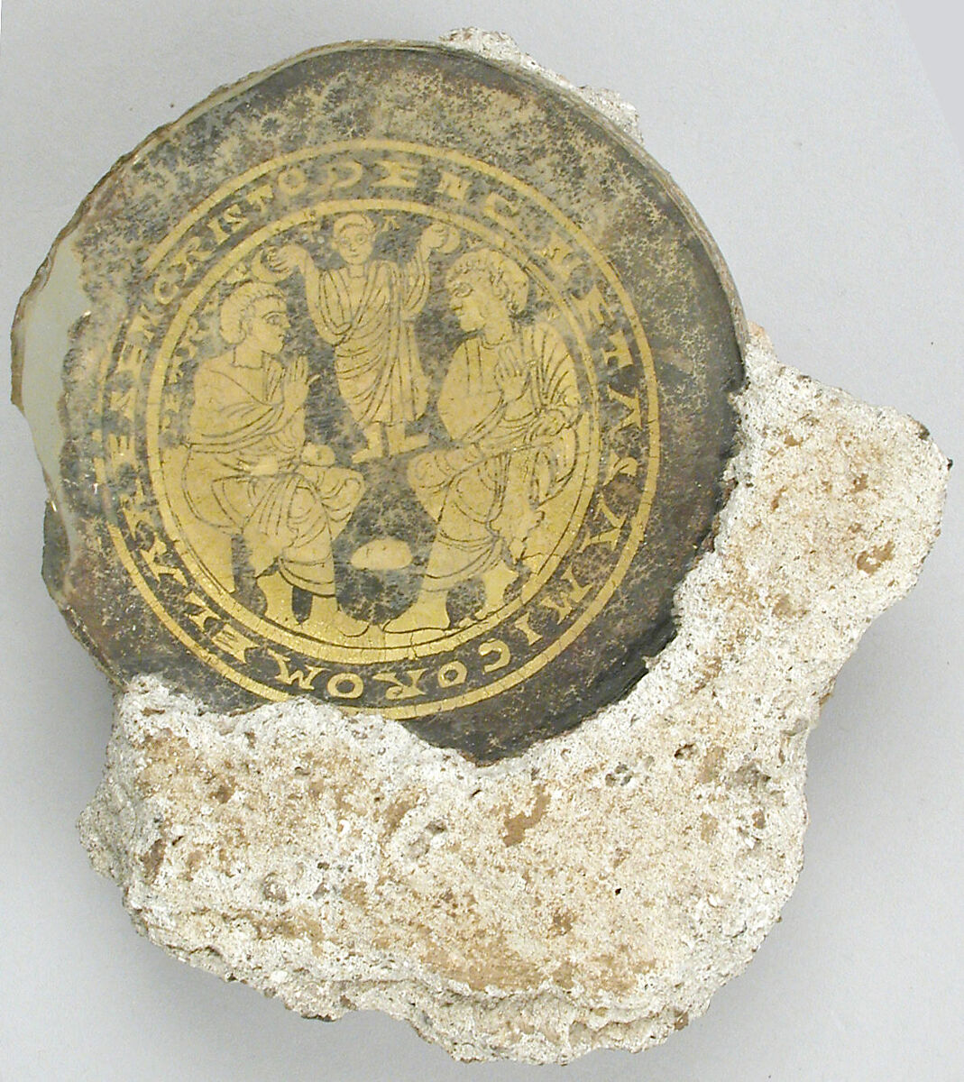 Bowl Base with Christ Giving Martyrs’ Crowns to Saints Peter and Paul, Glass, gold leaf, Roman or Byzantine 