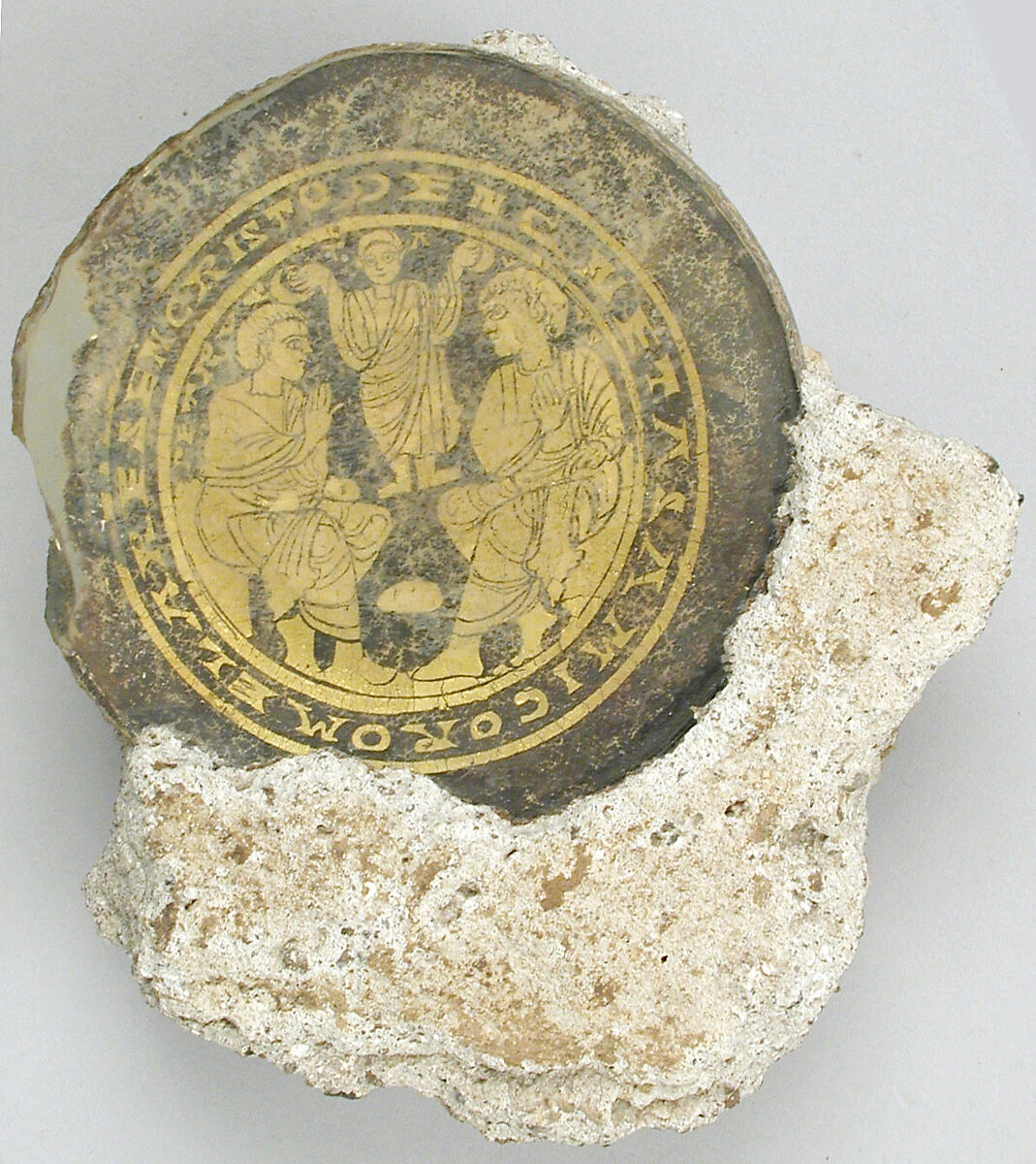 Bowl Base with Christ Giving Martyrs’ Crowns to Saints Peter and Paul, Glass, gold leaf, Roman or Byzantine