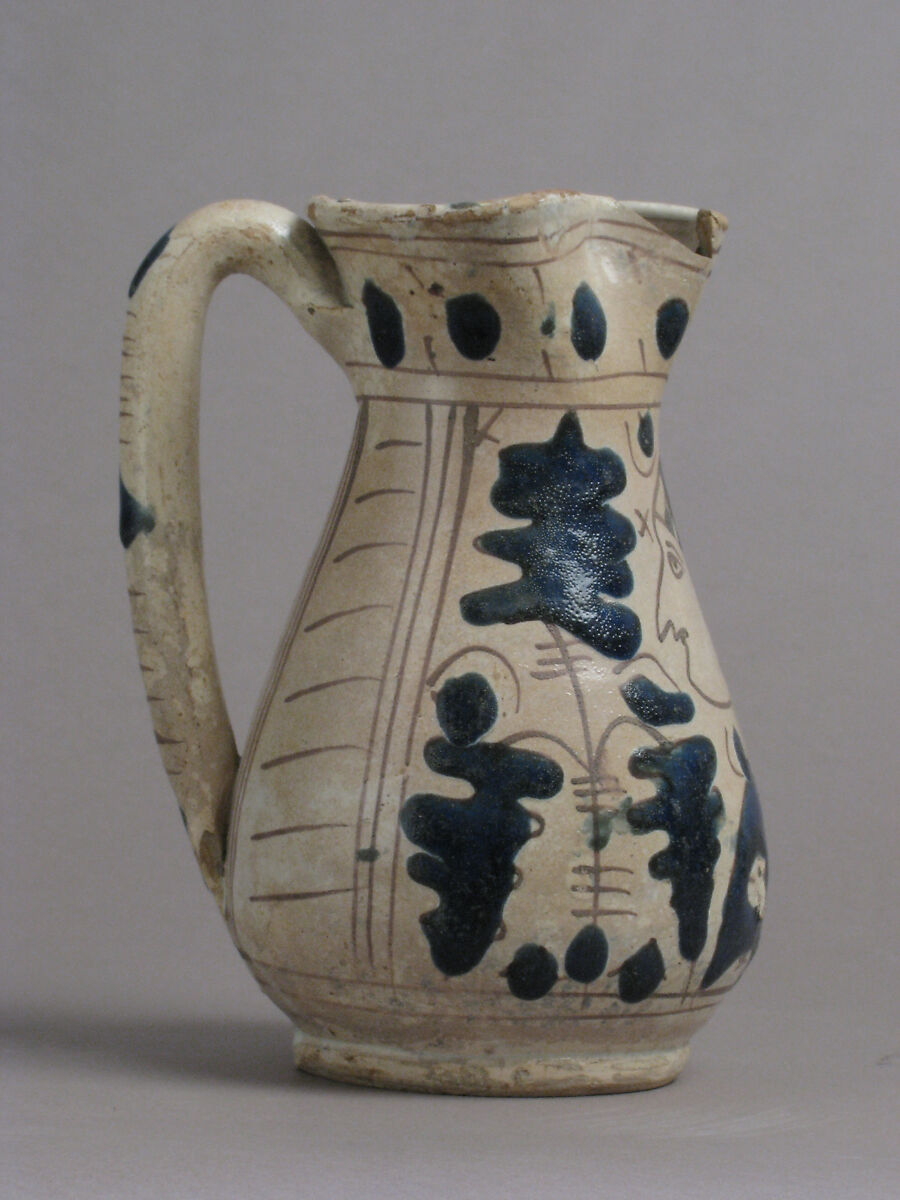 Jug with Figure in Profile, Tin-glazed earthenware, Italian