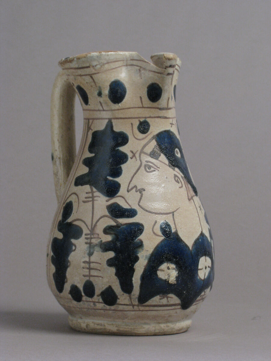 Jug with Figure in Profile, Tin-glazed earthenware, Italian 