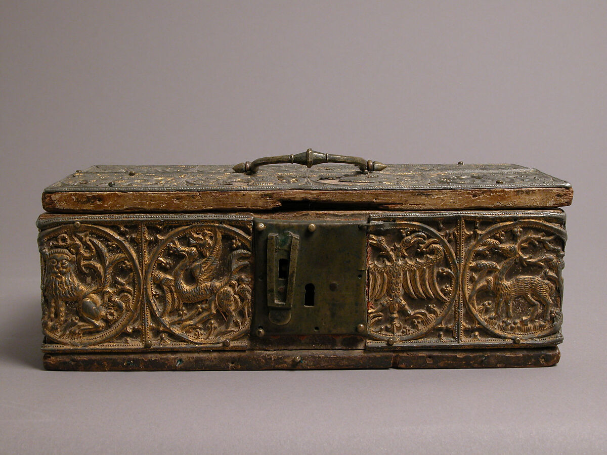 Box, Lead, gilding, wood, gesso, copper alloy handle and lock plate, traces of red textile, German